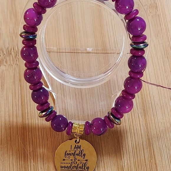 Hand Crafted Charm Stretch Bracelet Purple Gold Engraved Charm Inspirational - Picture 5 of 7